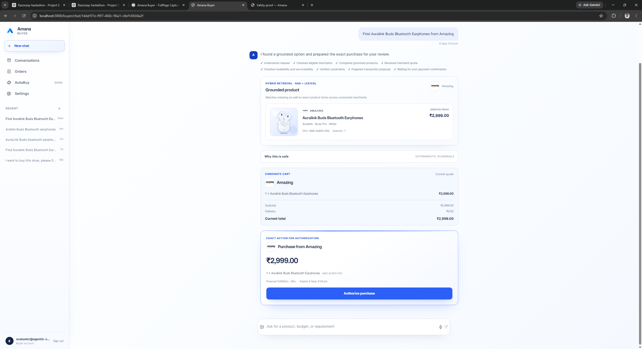 Safe AI Buyer proposal awaiting explicit user authorization