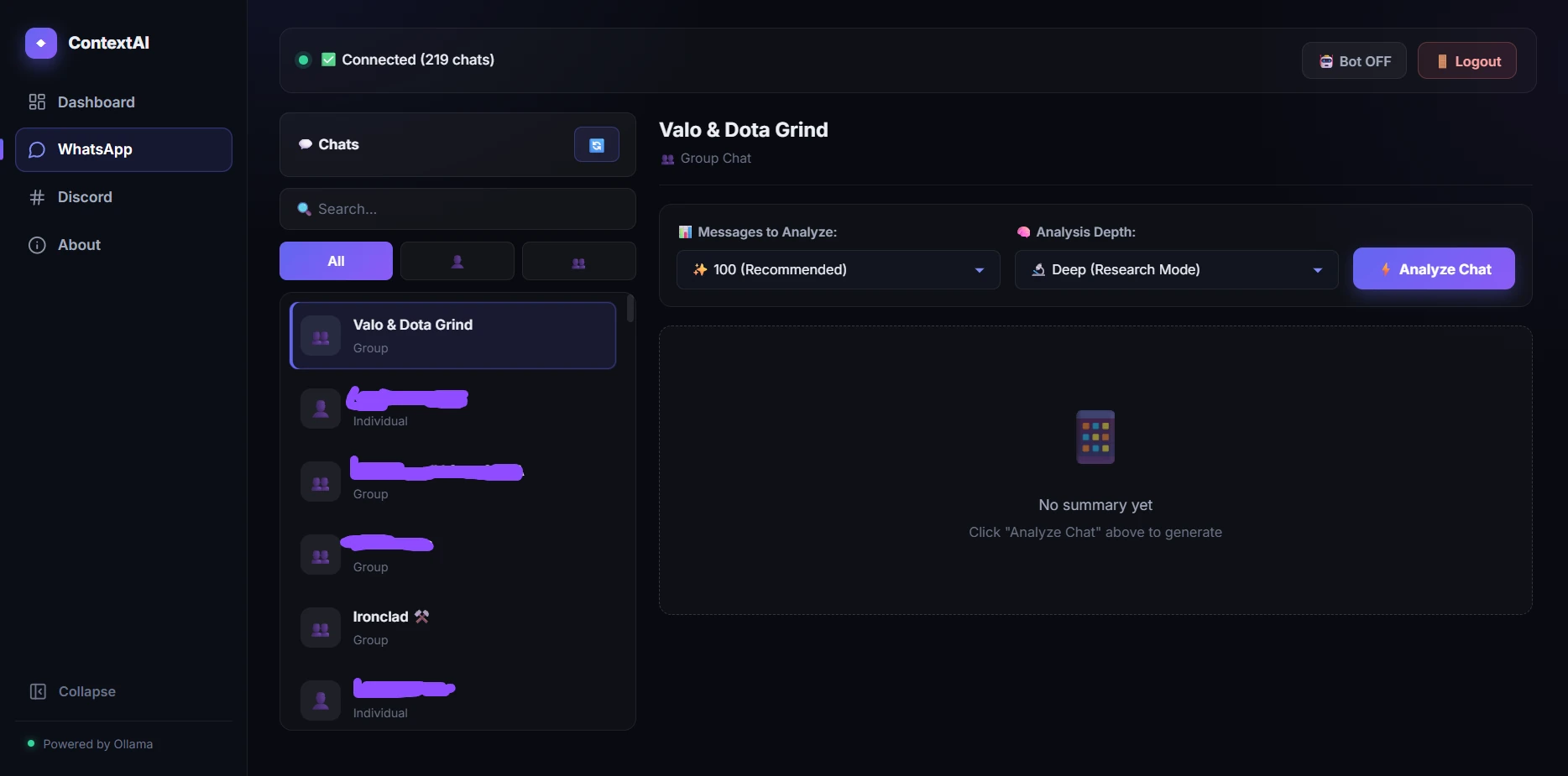 ContextAI WhatsApp dashboard with chat selection and analysis controls