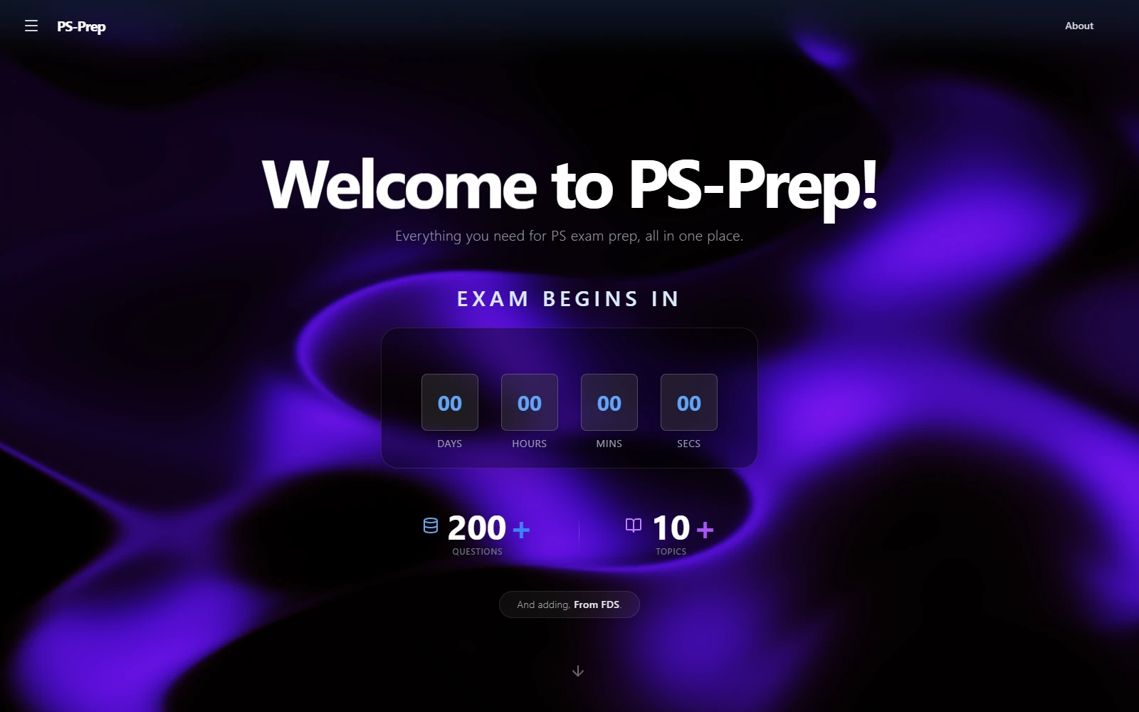 PS-Prep homepage with programming practice topics and exam preparation overview