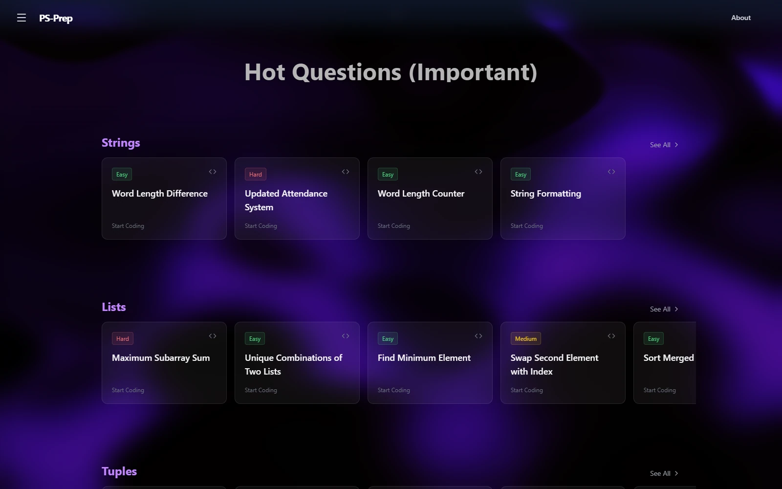 PS-Prep question library with real programming exercises grouped by Strings, Lists, and Tuples
