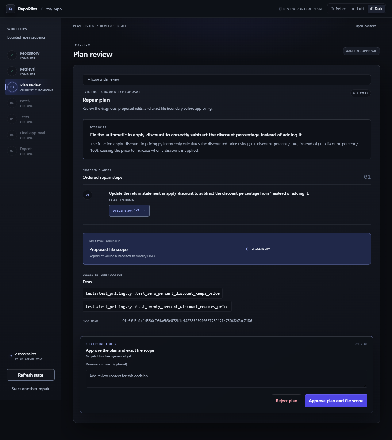 RepoPilot's real plan-review interface with a proposed repair and approval checkpoint