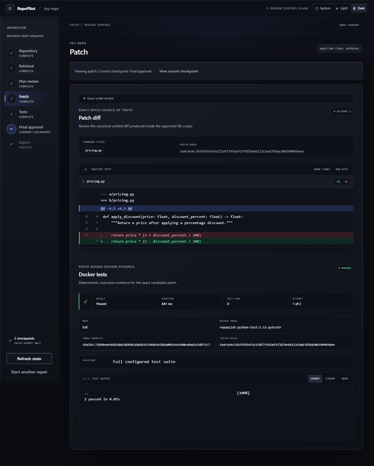 RepoPilot patch diff and Docker test results