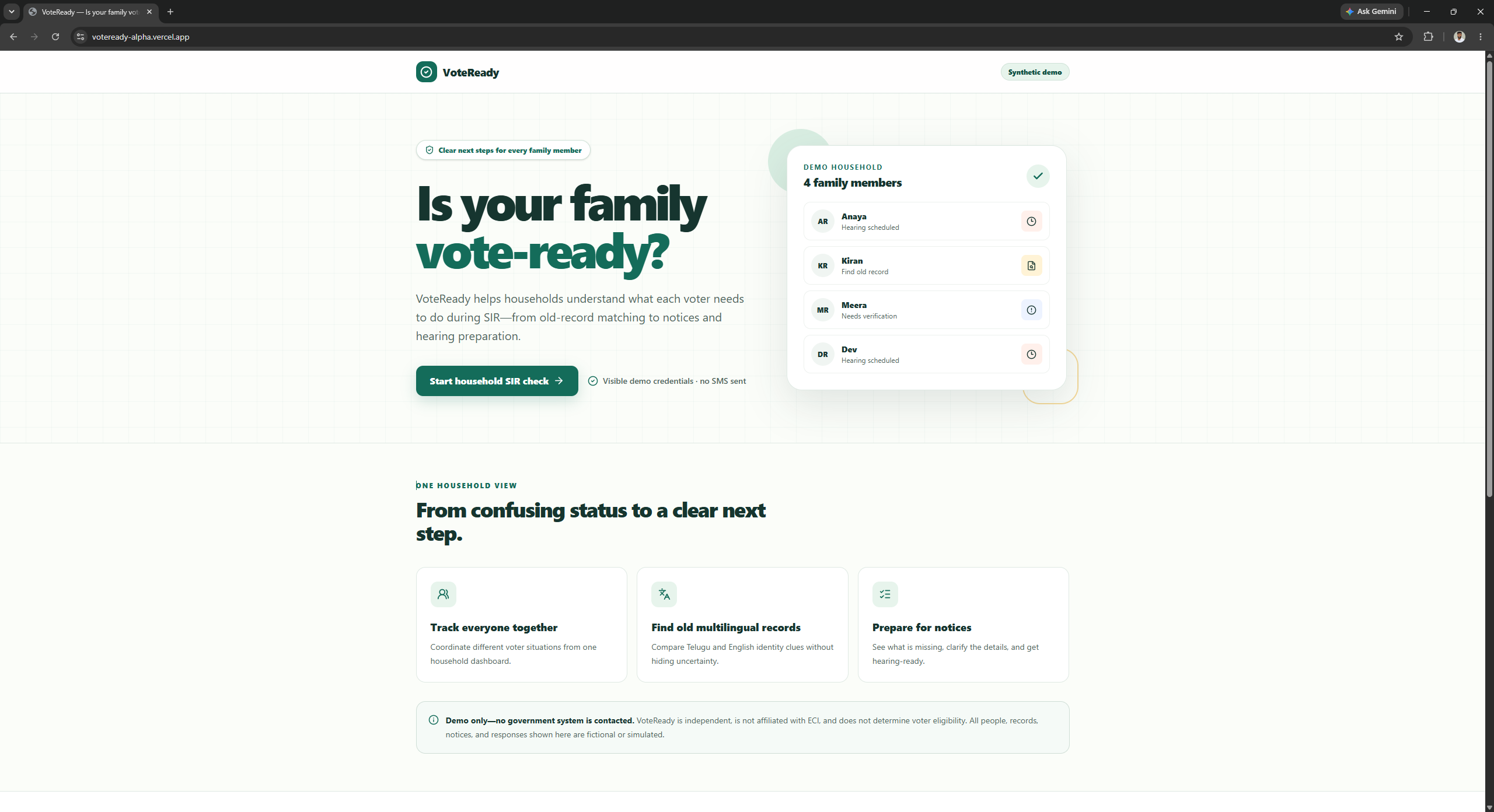 VoteReady landing page for the synthetic household navigator