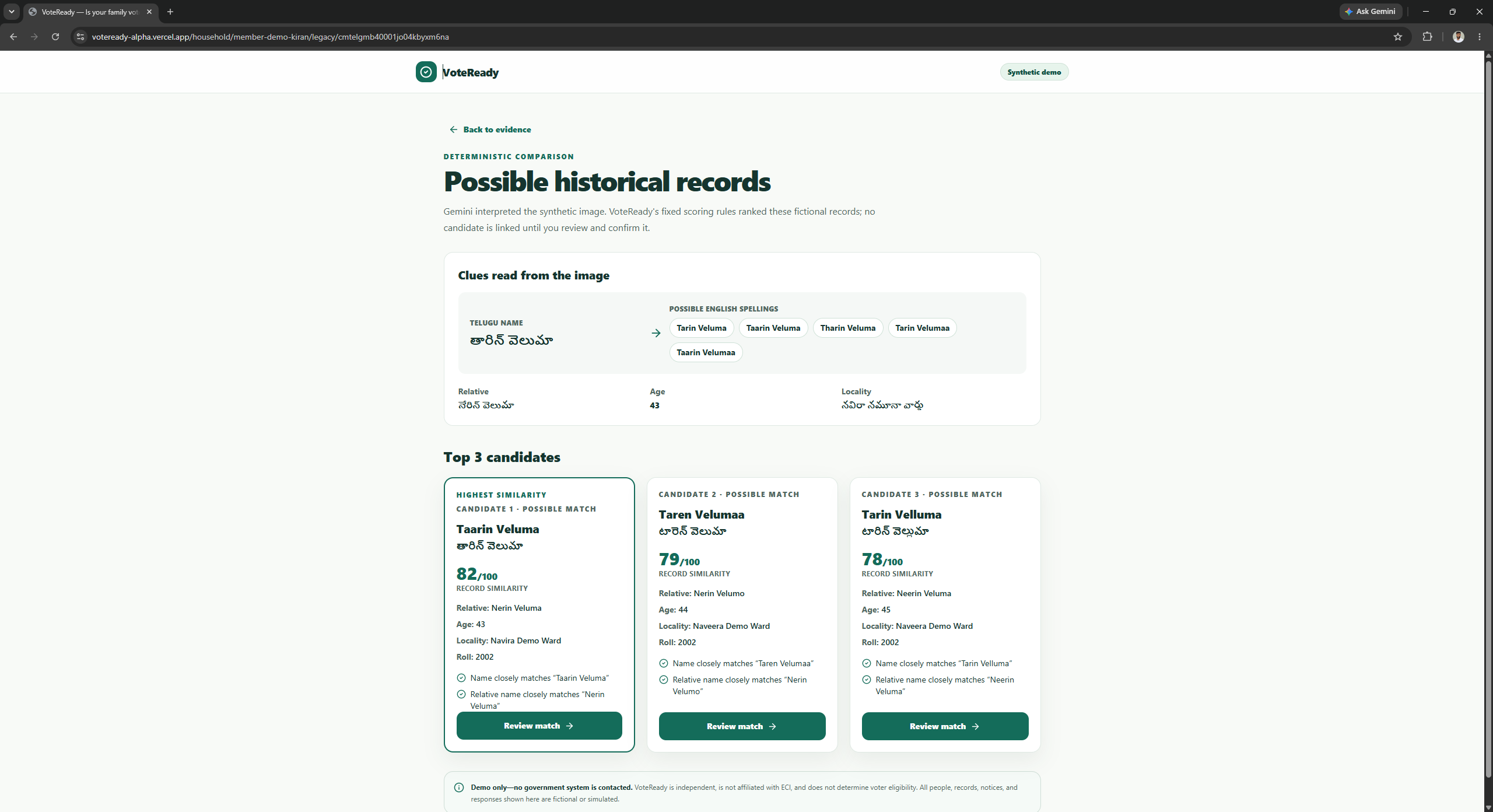 VoteReady Telugu historical-record matcher with ranked candidates