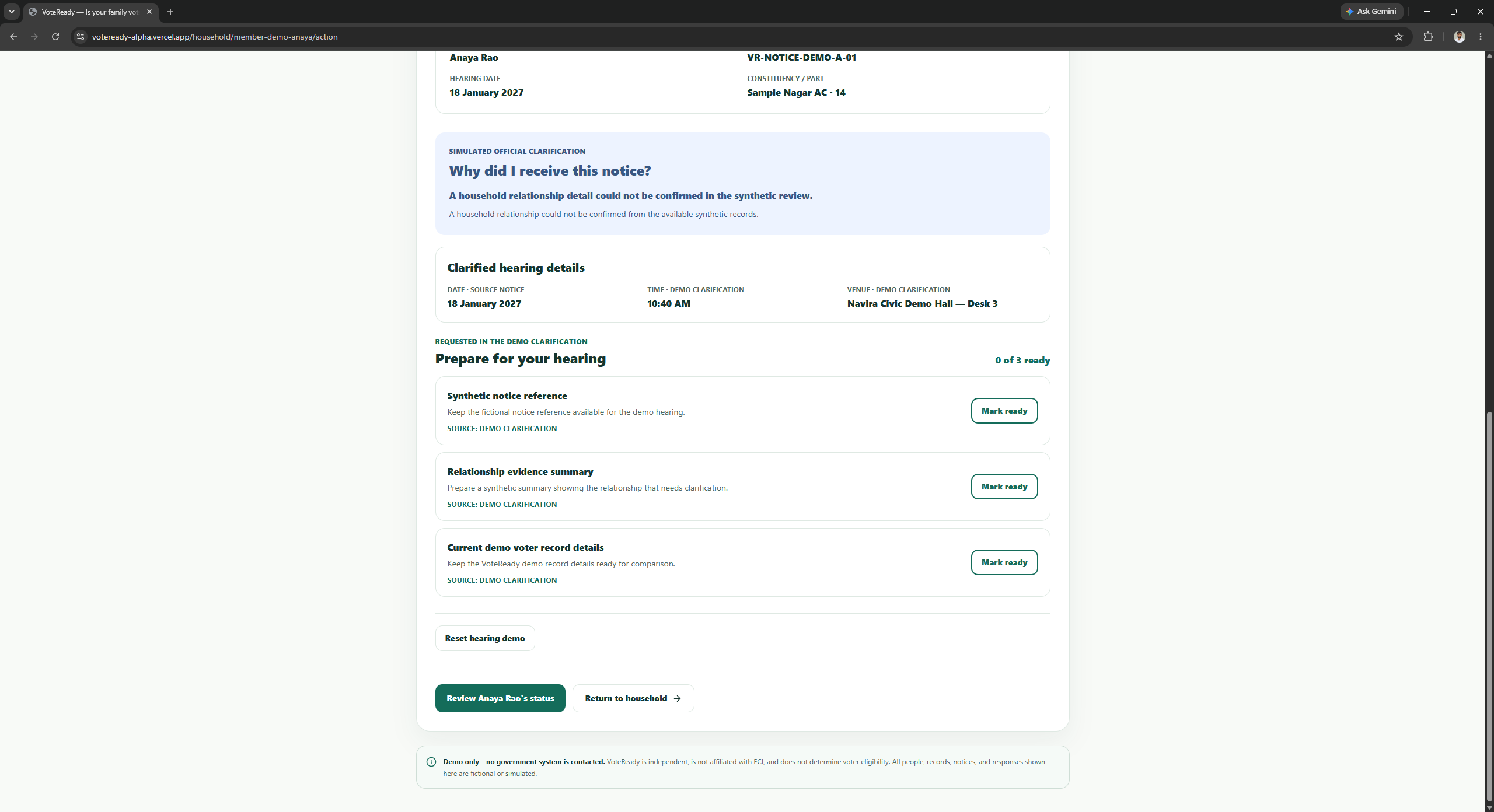 VoteReady hearing preparation screen with known details and next steps